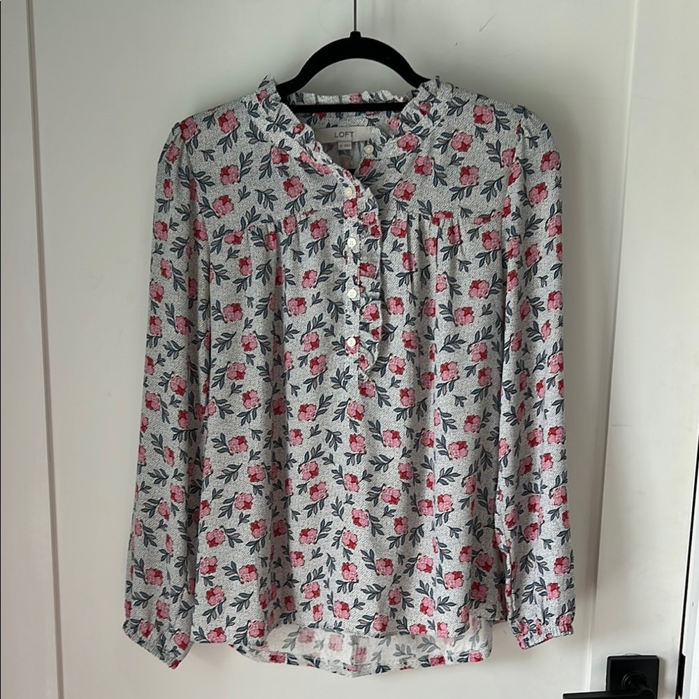 LOFT White and Pink Long Sleeve Buttoned Blouse